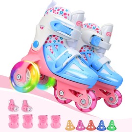 Kids Quad Roller Skate,Roller Skates for Girls Boys,with Adjustable Size&Double Brakes&Luminous Wheels&Protective Gear,3-Point Balance Roller Shoes for Beginners,for Indoor Outdoor