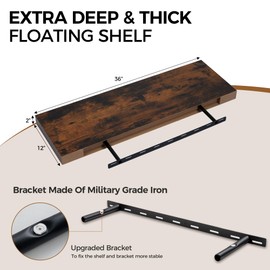 12" Deep Floating Shelves Wall Mounted, 36 x 12 Ructic Wood Shelves Wall Mounted, Large Storage Floating Shelf Display Hanging Shelf, Deep Shelves for Bathroom, Living Room, Rustic Brown, Set of 2