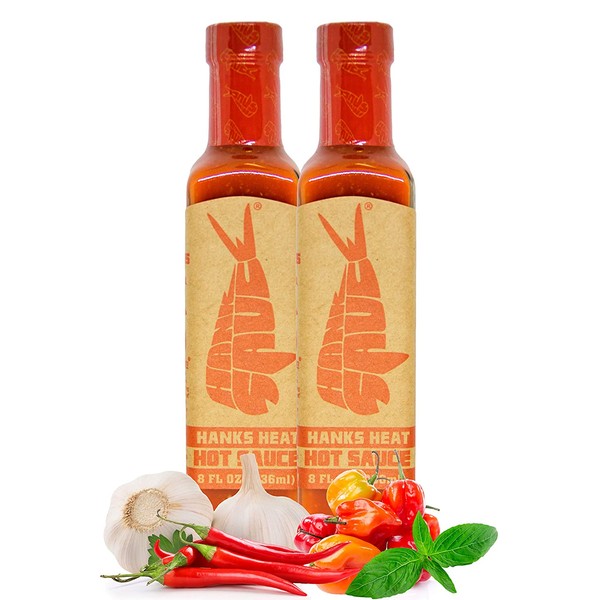 Hank Sauce Hank’s Heat Hot Sauce - Versatile Hot Pepper Sauce with Fresh Basil, Garlic & Aged Peppers - Hot Garlic Sauce with Mild Heat & Unique Flavor - Multipurpose Habanero Sauce - 2 x 8 Ounces