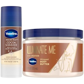 Vaseline Cocoa Shimmer Jelly Stick, ideal para viajes + Illuminate Me mantequilla corporal batida, hidratantes para piel extremadamente seca