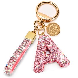 Initial Letter Keychain for Women Girls, Bling cute KeyChain for Car Key Accessories Lanyard and Backpack Bag，Perfect Gift (Pink-A)