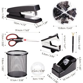 Black Desk Accessories, Office Supplies Set with Stapler, Tape Dispenser, Staple Remover, Pen Holder, Scissor, Binder/Paper Clips, Ballpoint Pen, Clear Tape and 1000pcs Staples