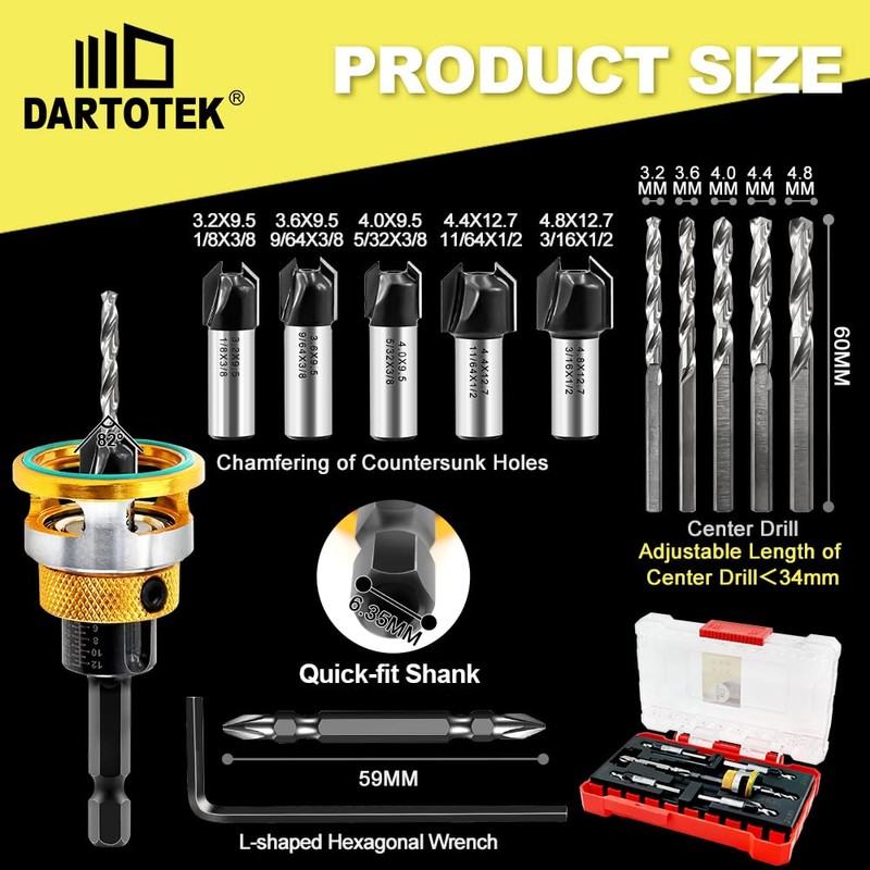 DARTOTEK Countersink Drill Bit Screwdriver Set Carbide Tipped Adjustable Depth