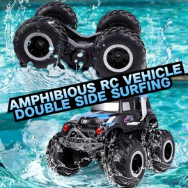 Learn2M Amphibious Remote Control Cars, 1/20 Stunt RC Rock Crawler Monster Truck Toy with Two Alternative Rechargeable Batteries, All-Terrain 4WD Off-Road Vehicle Toys Gift for Boys Kids Age 8-12 Blue