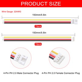 Lyeteung 15 Pairs Mini Micro JST-PH 2.0 Plug Connector, JST 4 Pin Micro Electrical Male and Female Connector Plug Wire Cable, with 150mm 22AWG Wire