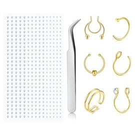 JIESIBAO 6Pcs Fake Septum Nose Ring, Clip-On Fake Septum Nose Hoops, Stainless Steel Gold Non-Piercing Nose Jewelry with Stick-On Face Gems and Tweezer Multiple Sizes (2mm, 2.5mm, 3mm)