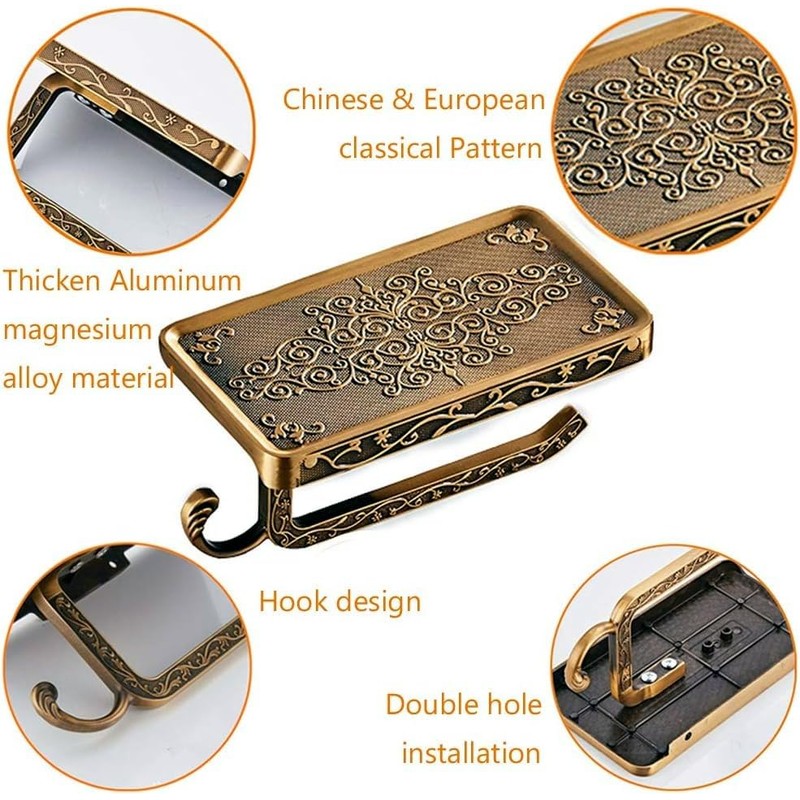 Antique Carving Toilet Paper Holder，Wall Mounted Single Roll Cell Phone