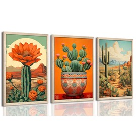 Wood Framed Mexican Cactus Wall Art Set of 3, Vintage Desert Botanical Canvas Prints, Boho Southwestern Floral Painting Pictures, Rustic Living Room Bedroom Bathroom Home Wall Decor 12x16 inch