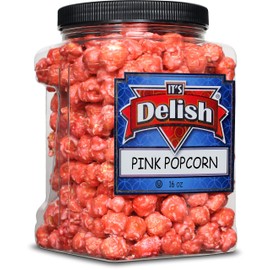 Gourmet Pink Strawberry Colored Popcorn by It's Delish, 16 Oz Jumbo Container | Bulk Colorful Popcorn Snack - Fruity Flavored Air Popped Corn Fun Confetti – Gluten Free, Vegan, Kosher, 1 Count