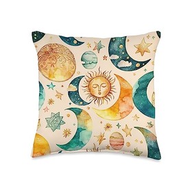 Boho Gifts & Decorations Boho Moon Sun Stars Planets Space Abstract Women Girls Lunar Throw Pillow, 16x16, Multicolor