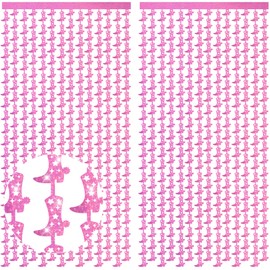 RVXHUA 2PCS Western Cowboy Boot Fringe Curtain – Metallic Tinsel Backdrop for Cowgirl Bachelorette, Last Rodeo, Girls Birthday, Bridal Shower, Photo Booth Party Decor, Pink