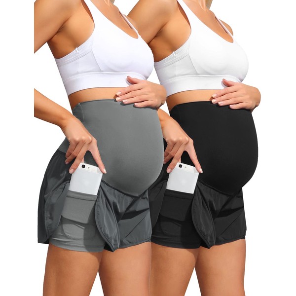 Maacie Women Maternity Layered Fast Drying Yoga Shorts with Liner