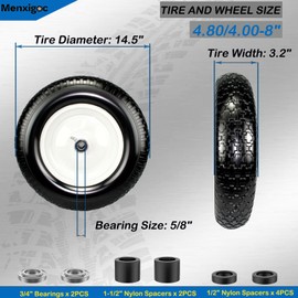 4.80/4.00-8 Tire, 14.5" Tire and Wheel Flat Free, 5/8" Bore Bearing with 3/4" Extra Bearings, 3" Centered Hub - Universal for 4.80-8 4.00-8 4.00-6 3.50/3.00-8 Wheelbarrow Tires