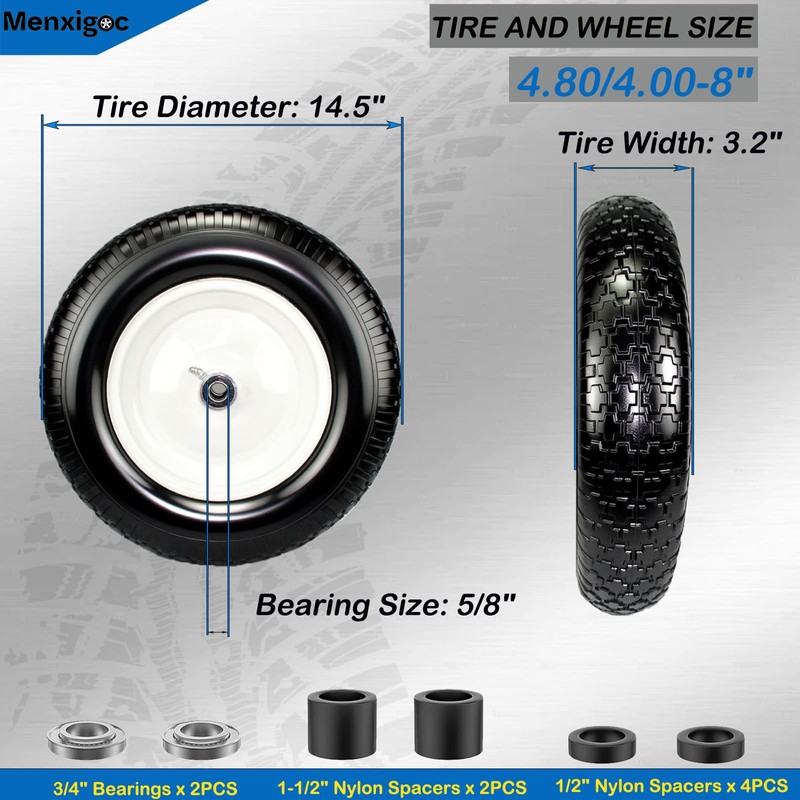 4.80/4.00-8 Tire, 14.5" Tire and Wheel Flat Free, 5/8" Bore