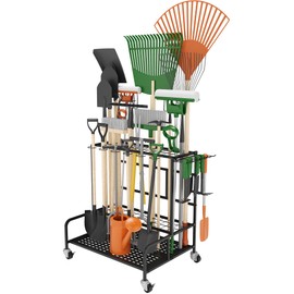 Garden Tool Organizer Rack with Wheels Up to 39 Tools, Heavy-Duty Steel Yard Tool Organizer for Garage Storage with 12 Hooks, Broom Holder & Garden Tool Rack for Shed, Patio, Outdoor Use, Black