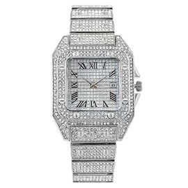 MINILUJIA Luxury Mens Crystal Watch Fashion Full Bling Iced Out Diamond Quartz Analog Watch Men Women Hip Hop Big Dial Square Wristwatch (Silver)