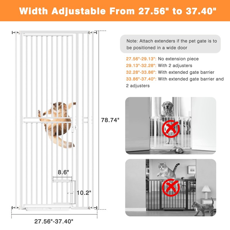 78.7" Extra Tall Pet Gate with Cat Door, 27"-37" Wide