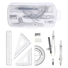 Unjoo Math Geometry Kit Sets 10 Piece Student Supplies with Shatterproof Storage Box,Includes Rulers,Protractor,Compass,Eraser,Pencil Sharpener,Lead Refills,Pencil,for Drafting and Drawings（Grey）