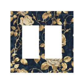 Annisrak Decorative Outlet Covers Boho Vintage Floral Golden Flower Dark Blue Background 2 Gang Double GFCI Rocker Electrical Wall Panels Light Switch Cover Plate for Bedroom living Room Decor