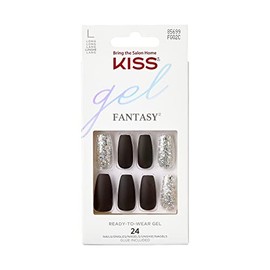 KISS Gel Fantasy "A Whole New World" Black/Silver Long Almond Coffin Shape - 28 Salon Quality Press On Art Nails for Sticking, DIY, 2g Nail Glue, 1 Manicure Stick, 1 Mini File