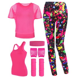 TraLxwee 80s 90s Outfit, Women's Mesh Shirt, Tank Top, Artistic Leggings, Leg Warmers, Mesh Gloves, Headband, 80s Costume, Women's Neon Party Accessories, pink