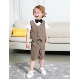mintgreen Baby Boy Suit Clothes, Wedding Christening Outfit Waistcoat Set, Khaki Plaid, 4-5 Years, 120