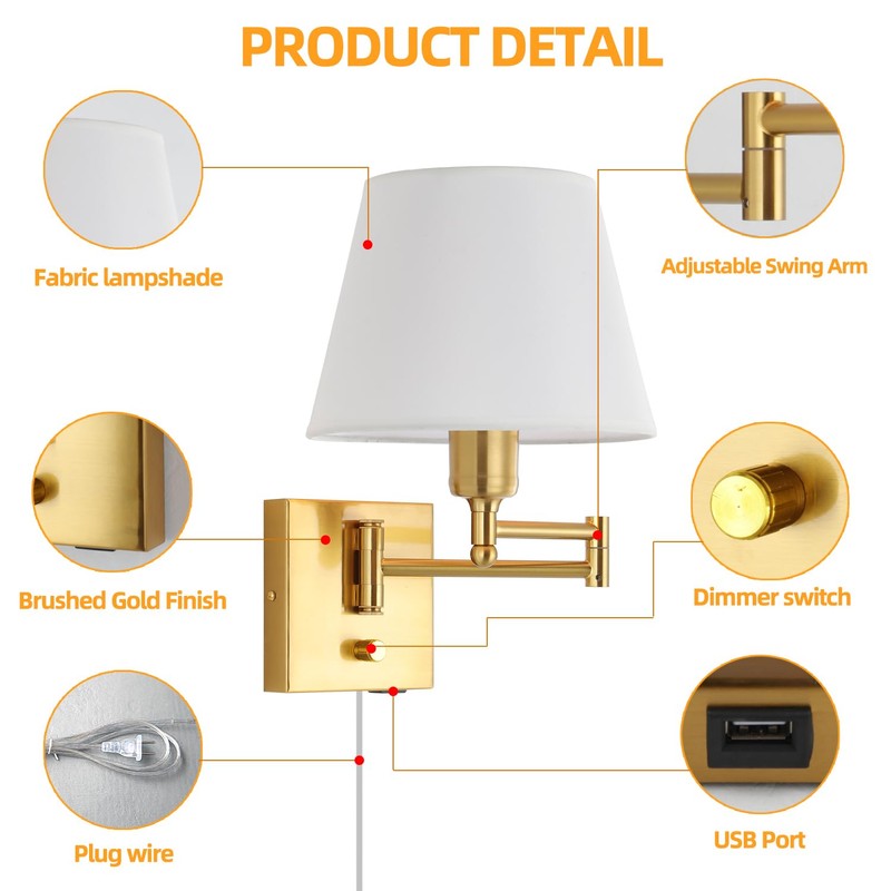 Affsure Bedside Wall Mount Light with Dimmable Switch, Swing Arm