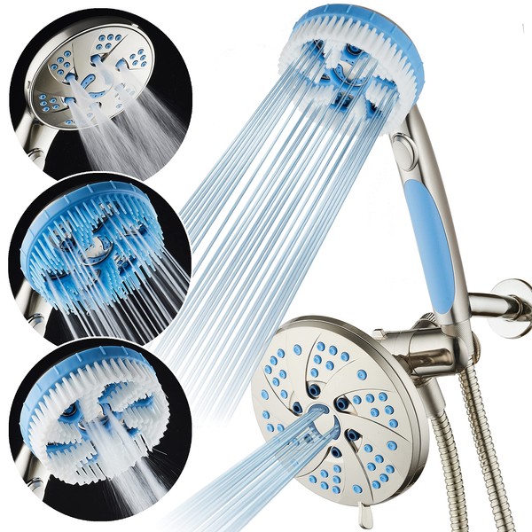 5-in-1 Aquassage by AquaCare - High Pressure 76-mode Shower Head, Combo, Hand Shower, Body Brush & Hair Brush in One! With Two Brackets, Extra-long 6 foot Stainless Steel Hose & Brush Head Holder