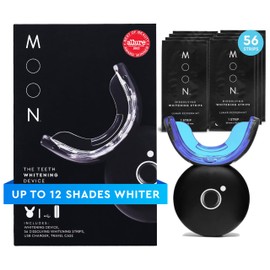 MOON LED Teeth Whitening Kit - Gentle Teeth Whitener Device, 56 White Strips, USB Charger & Travel Case - Blue Light Whitening Tray Removes Stains & Whitens Up to 12 Shades in 2 Weeks (4 Piece Kit)
