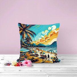 The Beach Stop Pop Art Colourful Tropical Beach Scene Accent Cushion Cover | Unique Living Room & Bedroom Home Decor Inspo | Gift Idea | 45x45cm 18x18” | Sunset Beach