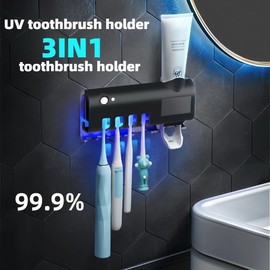 UV Toothbrush Sterilizer & Holder with Auto Shutoff - 2025 Toothbrush Cleaner, Automatic Toothpaste Dispenser, Wall Mounted & No Drilling, USB Rechargeable for Personal Care Accessories - Color: Black