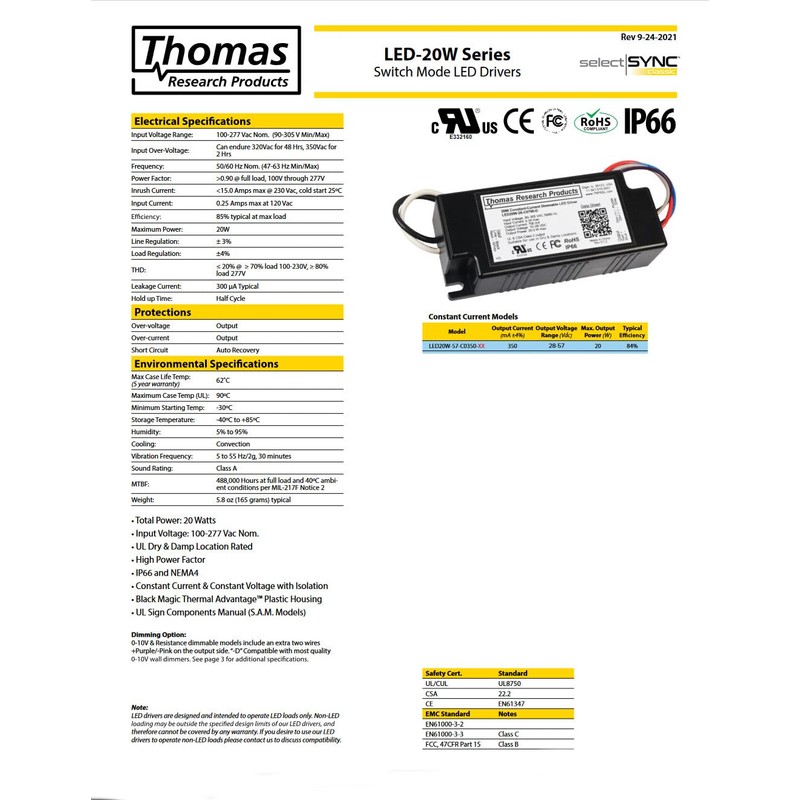 Hubbell Thomas Research Products LED20W-57-C0350-D Constant Current LED Driver, dimmable,