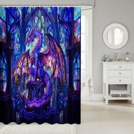 Western Dragon - Cortinas de ducha para niños, diseño de dragón morado con alas voladoras, cortinas de baño para niños y niñas, diseño geométrico de animales trippy, color azul navideño, 12 ganchos,
