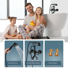 Aolemi Matte Black Wall Mount Bathtub Faucet with Hand Shower Sprayer Bathroom Tub Faucet Double Cross Handle Telephone Shaped Handheld Sprayer Shower Set Mixer Tap Vintage