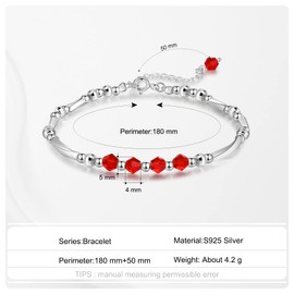 jewelora Women's Bracelet Red Gemstone 925 Sterling Silver Bracelets 30-70 Years Old Birthday Gift Adjustable Bracelet Mother's Day Valentine's Day Christmas Gift, 18 centimeters, Sterling Silver