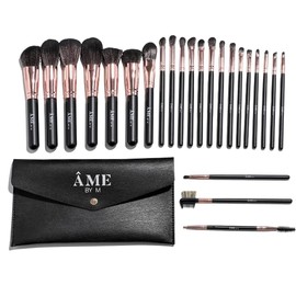 ÂME BY M 24PCS Rose Gold Black Professional Vegan Synthetic Makeup Brush Set with Travel Clutch Makeup Bag Foundation Powder Concealer Highlighter Eye Shadow Blush Lip Liquid Blending Cosmetic Brushes