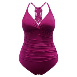 Hilor - Traje de baño de una pieza para mujer con espalda de macramé y control de abdomen, Hora del vino, 8