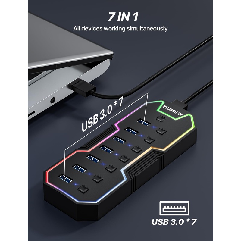 ZIUMIER USB 3.0 Hub,7 Ports USB Expander with RGB LED