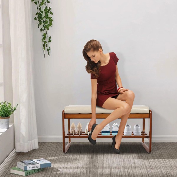 OUKANING Wooden Shoe Rack Storage Bench With Cushion For Entryway