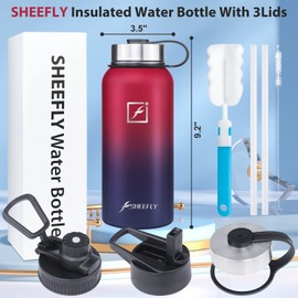 SHEEFLY Insulated Water Bottles, 32oz Vacuum Stainless Steel Water Bottle with Straw & 3 Lids Wide Mouth Metal Water Bottle Leak Proof BPA Free Insulated Sports Water Bottles Keep Hot & Cold (DRed)