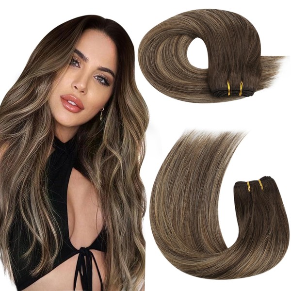 Moresoo 60 cm Sew-In Braids #4/27/4 Balayage Dark Brown with Strawberry Blonde Sew-in Hair Extensions Silky Straight Long Hair Extensions 100 g / Pack Hair Extensions Real Hair