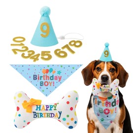 YEWCEP Dog Birthday 4 Piece Set for Perfect Photos, Includes Birthday Hat, Gold Numbers, Bandana and Bone Shaped Flower Wreath, Made of Durable Polyester
