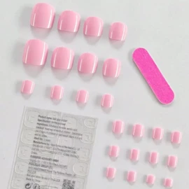 Pink Press on Toenails Toe Nail Short Fake Toe Nails Cute False Toenails Glossy Full Cover Acrylic Glue on Toenails Summer Solid Color Artificial Stick on Toenails for Women Manicure 24 Pcs