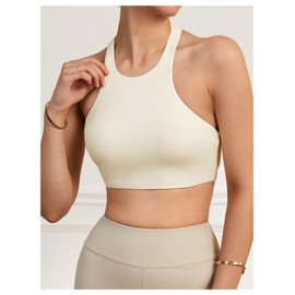SHENHE - brasier deportivo sin espalda halter para mujer, asimétrico, con corte inalámbrico, acolchado, para entrenamiento, yoga, sin mangas, Amarillo Claro Beige, L