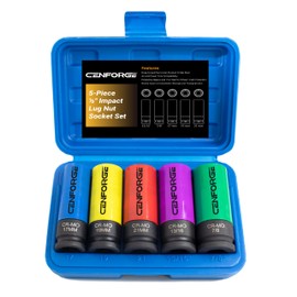 Cenforge 1/2" Drive Lug Nut Socket Set, Metric 17 19 21 mm & SAE 13/16 7/8 in. Wheel Socket Set, 5-PC Impact Lug Nut Socket Set, Thin Wall Lug Nut Socket with Colored Protective Covers