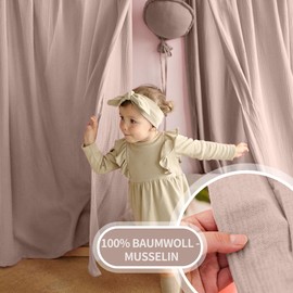 House Bed Canopy Decoration Set, Bed Canopy House Bed Made of Muslin - 2 Bed Canopies & 1 Bunting for Boys Girls Decoration for Children's Room, Canopy Children's Room Decoration I 67 x 270 cm Beige