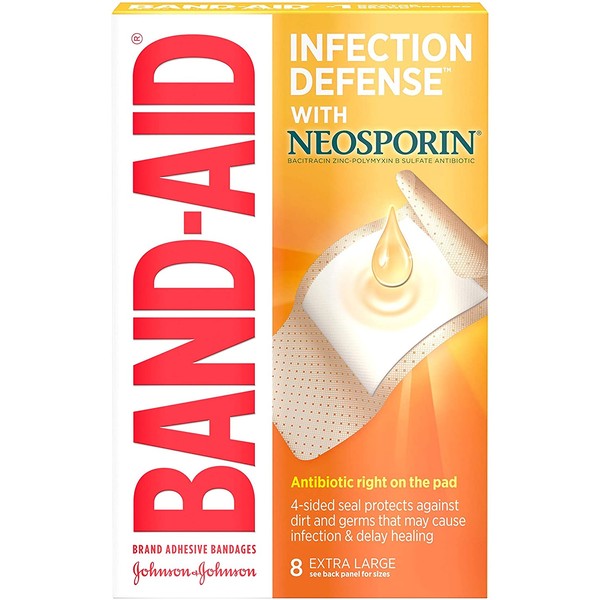Band-Aid Brand Adhesive Bandages Infection Defense with Neosporin Antibiotic Ointment for Wound Care & First Aid, Extra Large, 8 Count