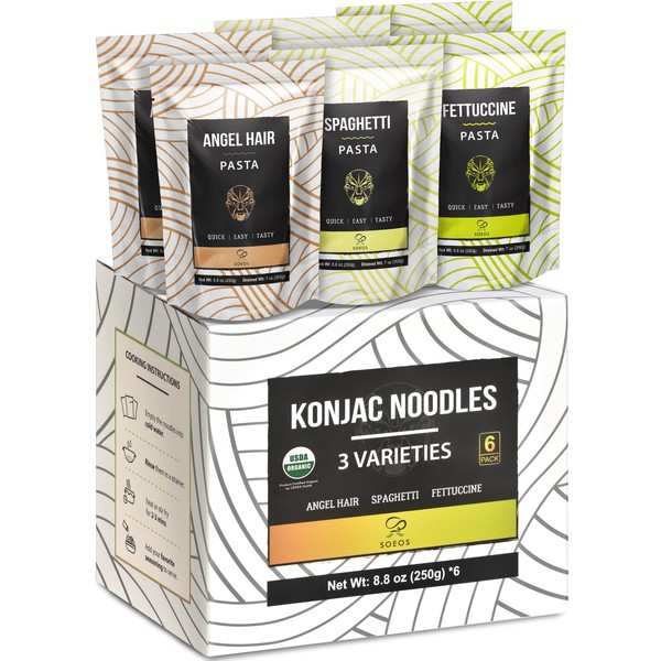 Soeos Konjac Noodles, Organic Shirataki Noodle, 0 Calorie, Keto and Paleo Friendly, 3 Variety Noodles, 52.8 oz (Pack of 6)