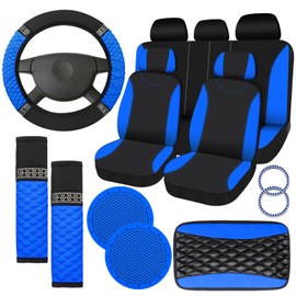 Fulmoon 17 Pcs Car Accessories Set for Women Seat Bling Leather Steering Wheel Cover Seat Belt Shoulder Pad Armrest Cup Holders Covers Full Crystal Decor Automotive Interior(Blue and Black)