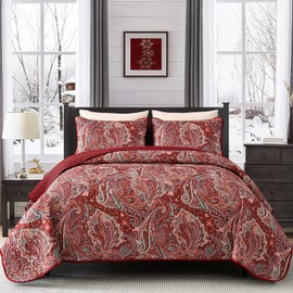 DJY Red Paisley Quilt Set Full Size Boho Quilt Bedspread Set 3 Pieces, Soft Lightweight Microfiber Coverlet Set Paisley Floral Pattern Bedding for All Season, 90''x80''